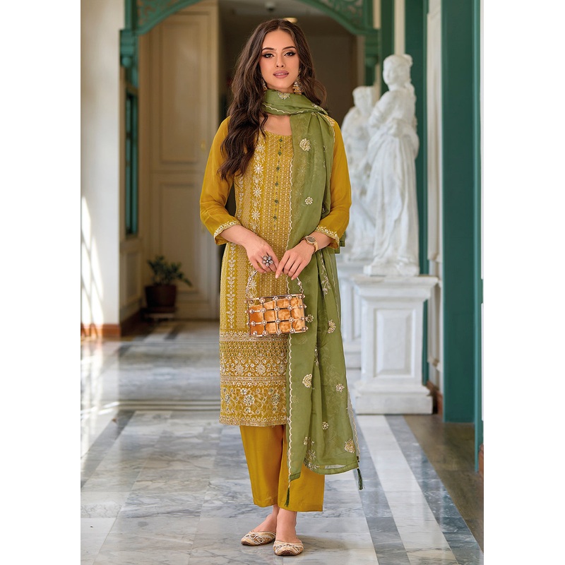 Festive Organza Mustard Embroidered Salwar Kameez