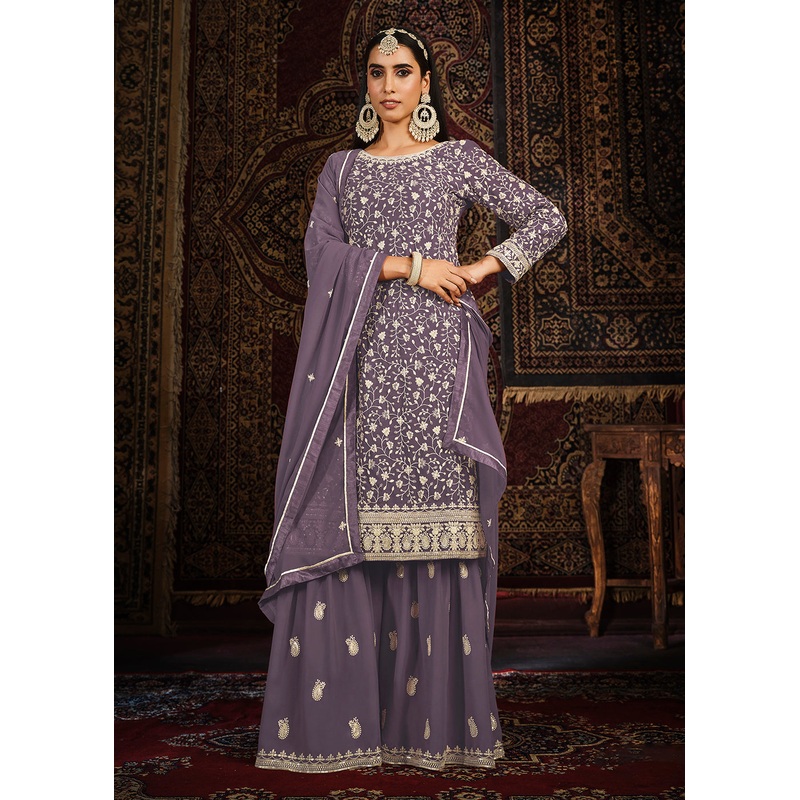 Festive Purple Color Faux Georgette Palazzo Salwar Suit