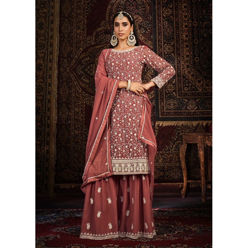 Festive Rust Color Faux Georgette Palazzo Salwar Suit