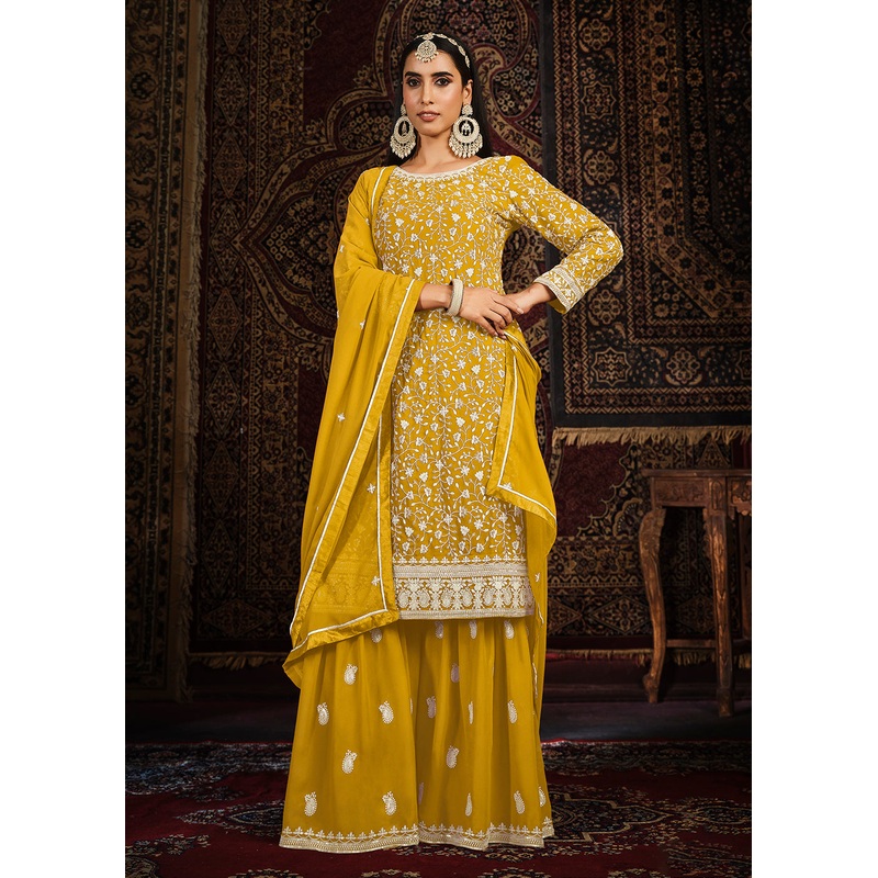 Festive Yellow Color Faux Georgette Palazzo Salwar Suit