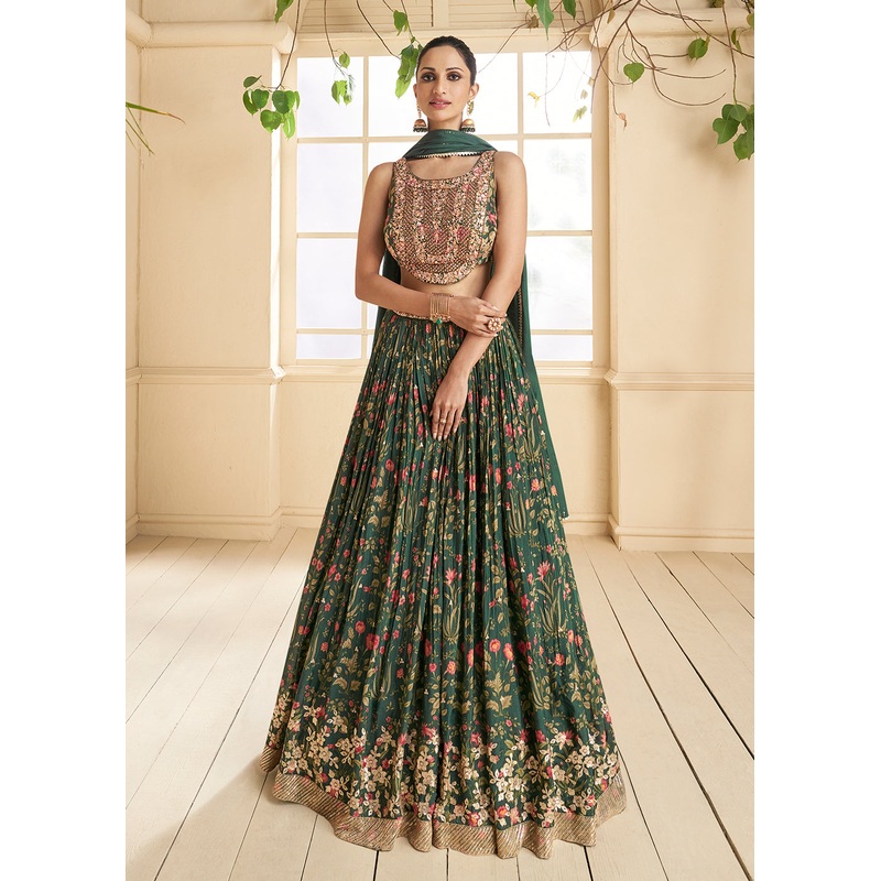 Forest Green Georgette Embroidered Wedding Lehenga Set