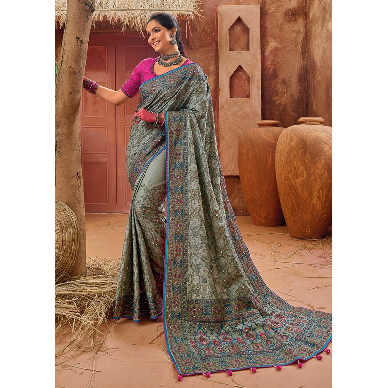 Green Kachhi Work Embroidered Traditional Banarasi Saree