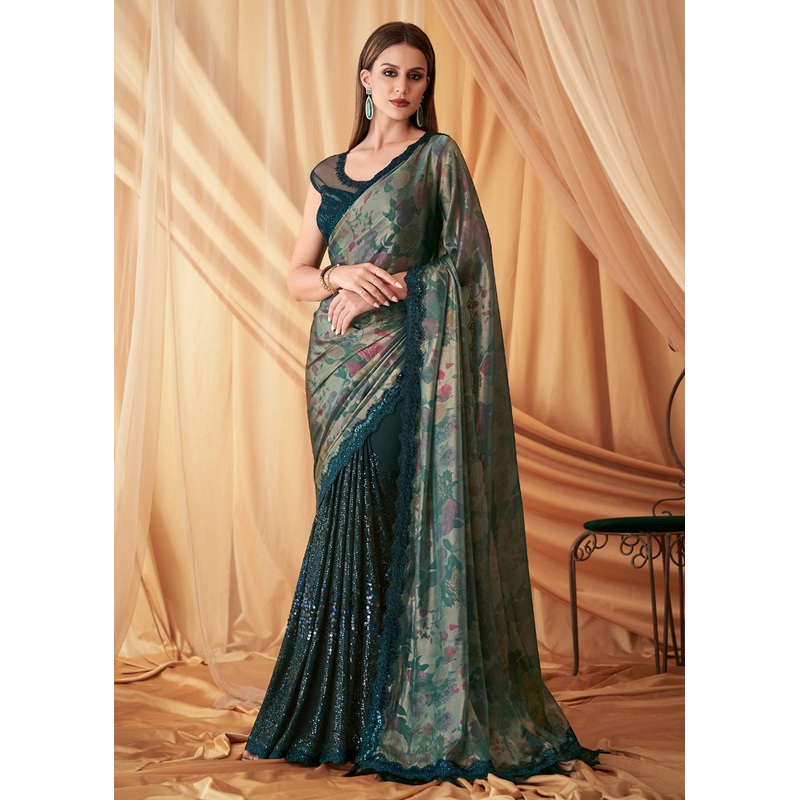 Green Shimmer Georgette Silk Embroidered Festive Party Saree