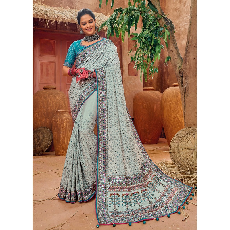 Grey Kachhi & Mirror Work Traditional Banarasi Saree