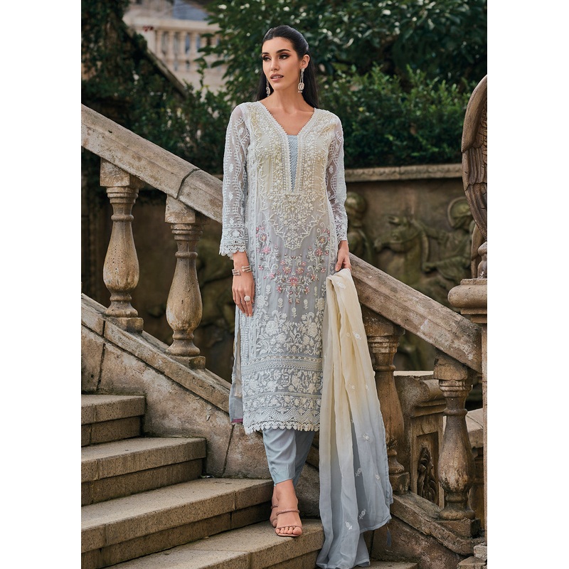 Grey Soft Organza Embroidered Designer Salwar Suit