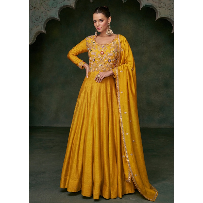 Haldi Wear Mustard Premium Silk Indian Anarkali Gown