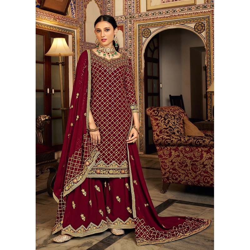 Lovely Red Embroidered Designer Festive Palazzo Suit