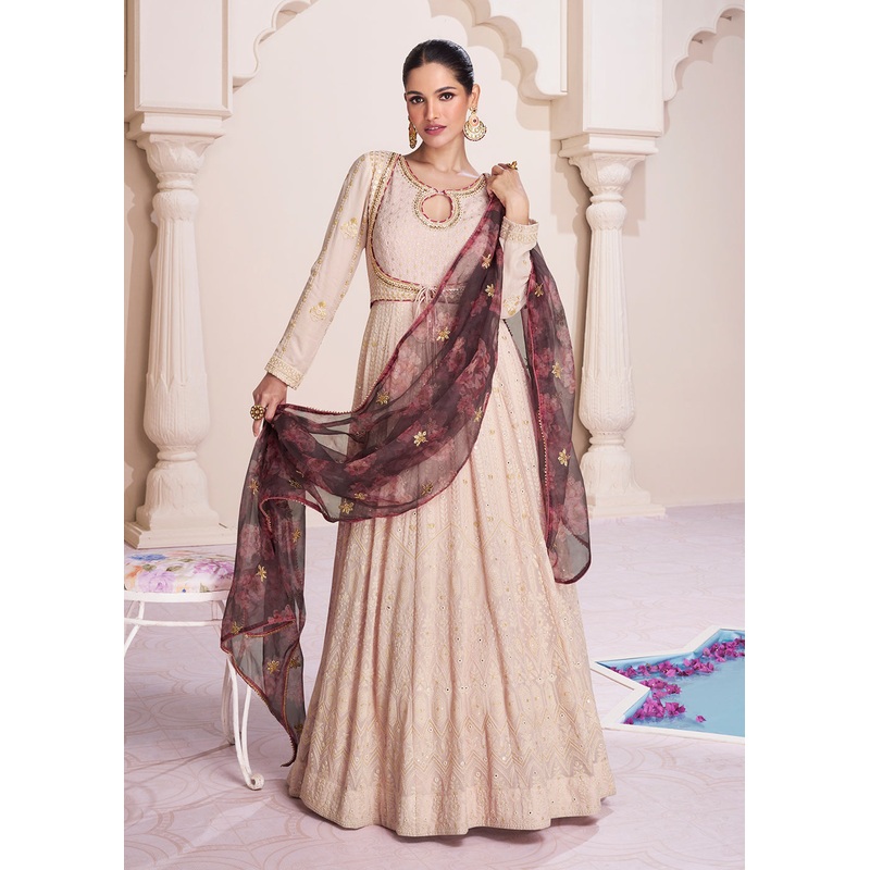 Lucknowi Style Embroidered Beige Georgette Wedding Anarkali Gown