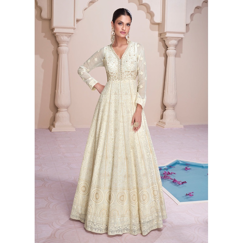 Lucknowi Style Embroidered Off White Georgette Wedding Anarkali Gown