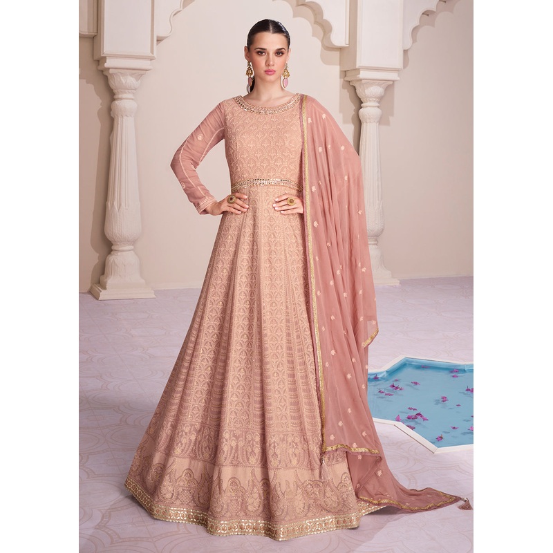 Lucknowi Style Embroidered Peach Georgette Wedding Anarkali Gown