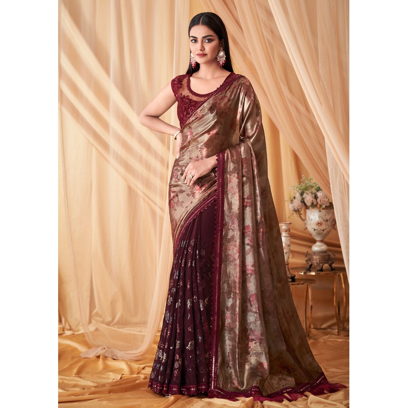 Maroon Shimmer Georgette Silk Festive Party Saree