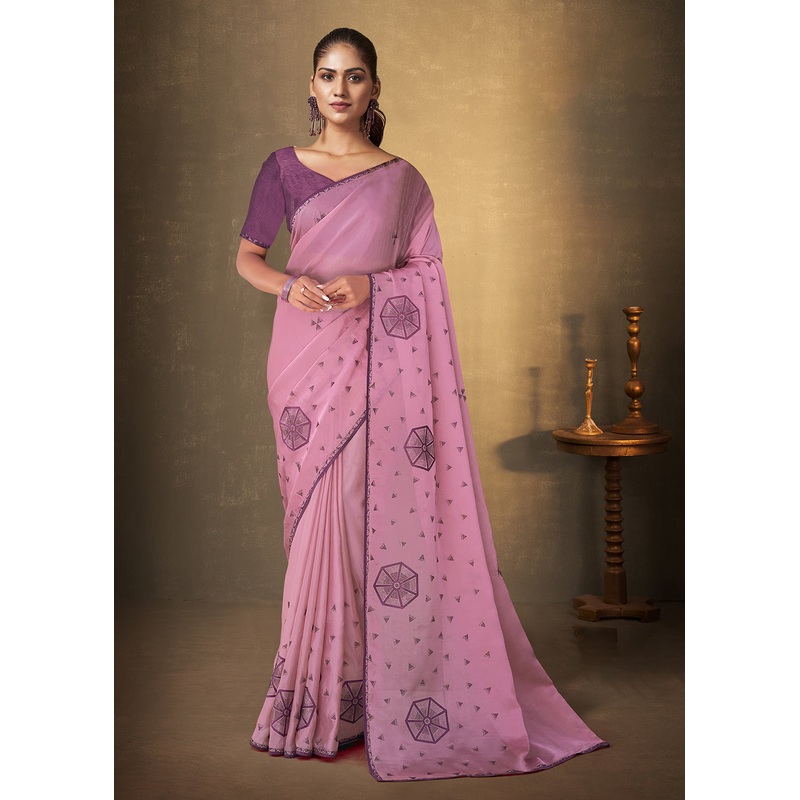 Mauve Pink Zari Organza Embroidered Designer Saree