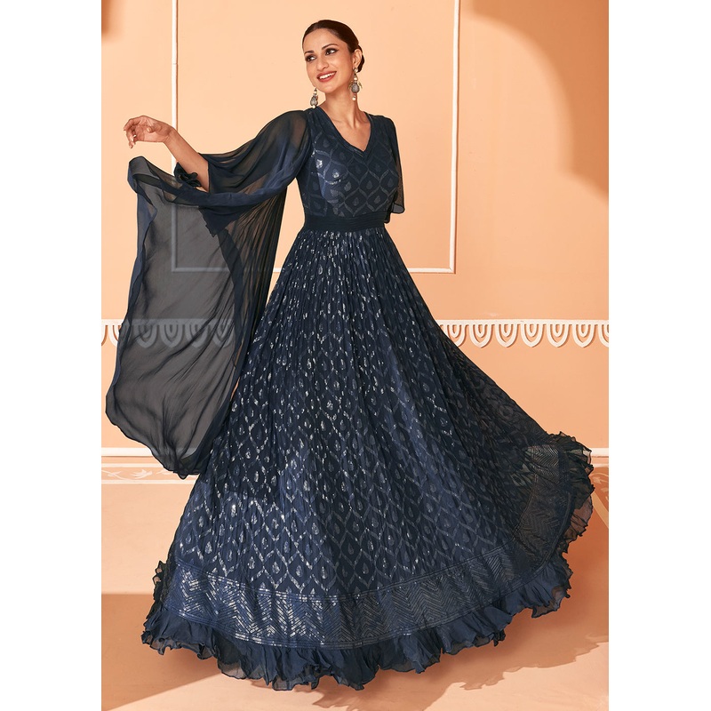 Midnight Blue Georgette Embroidered Party Wear Designer Gown