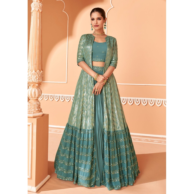 Mint Teal Embroidered Chinnon Jacket Style Lehenga Choli