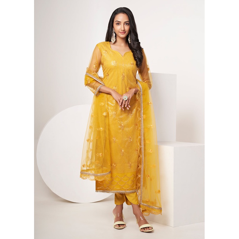 Mustard Yellow Net Embroidered Festive Salwar Suit