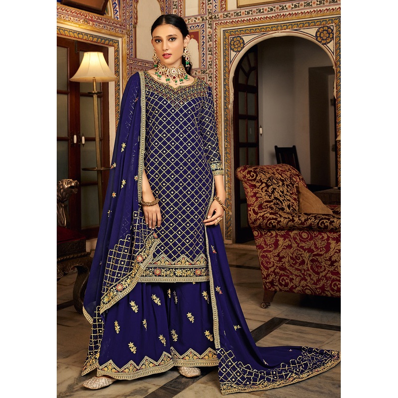 Navy Blue Embroidered Designer Festive Palazzo Suit