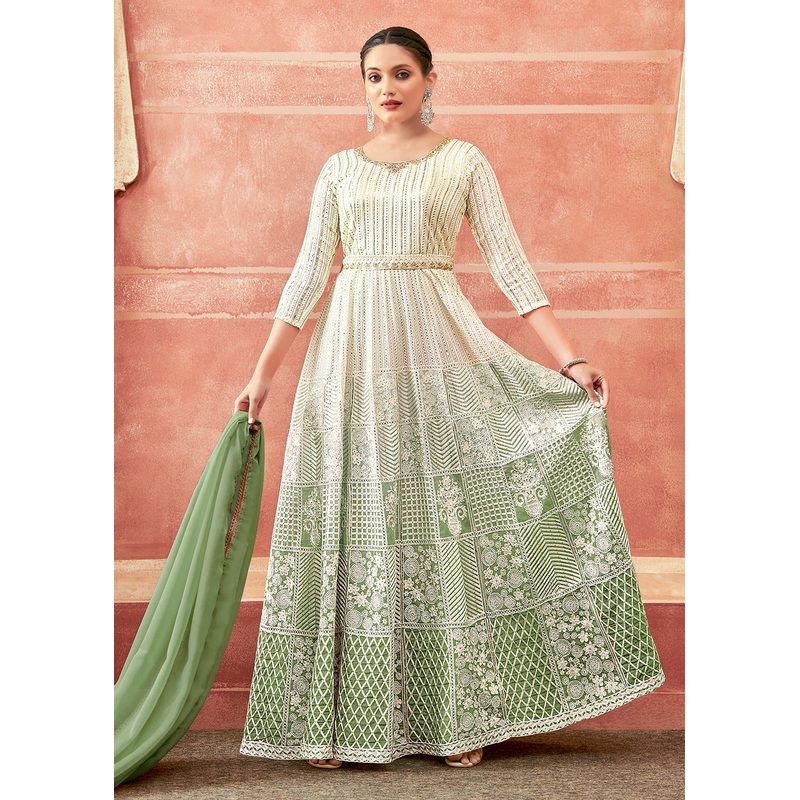 Off White & Green Georgette Embroidered Festive Anarkali Suit