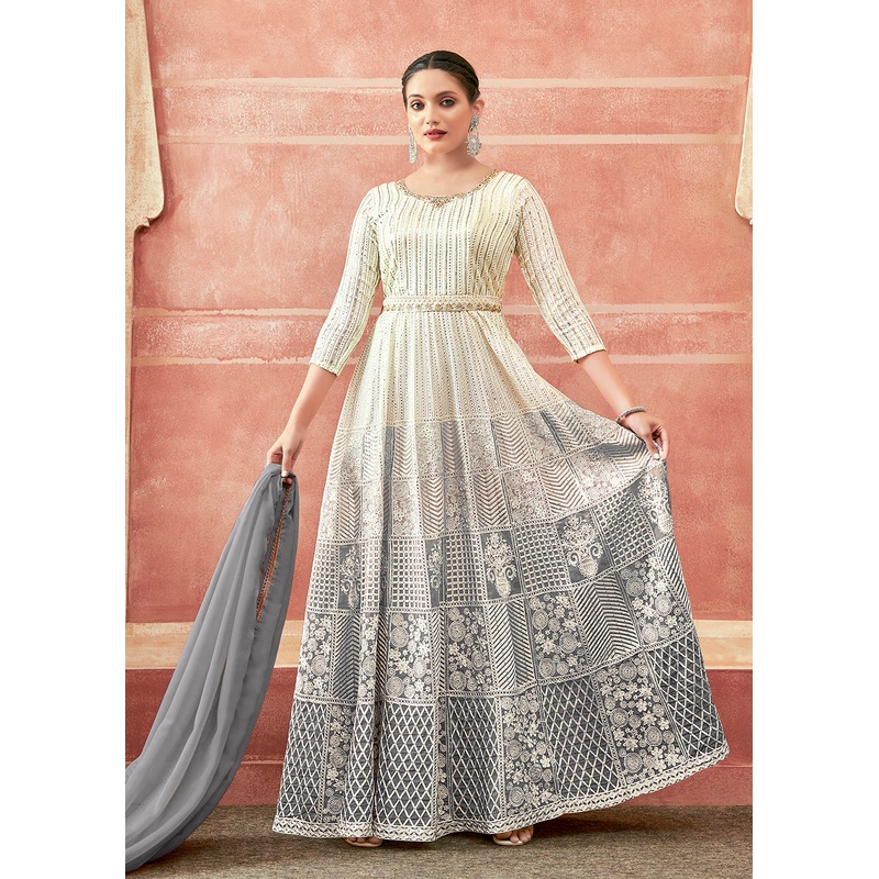 Off White & Grey Georgette Embroidered Festive Anarkali Suit