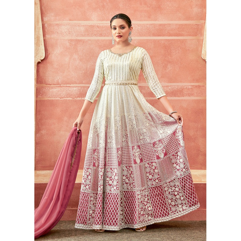 Off White & Pink Georgette Embroidered Festive Anarkali Suit