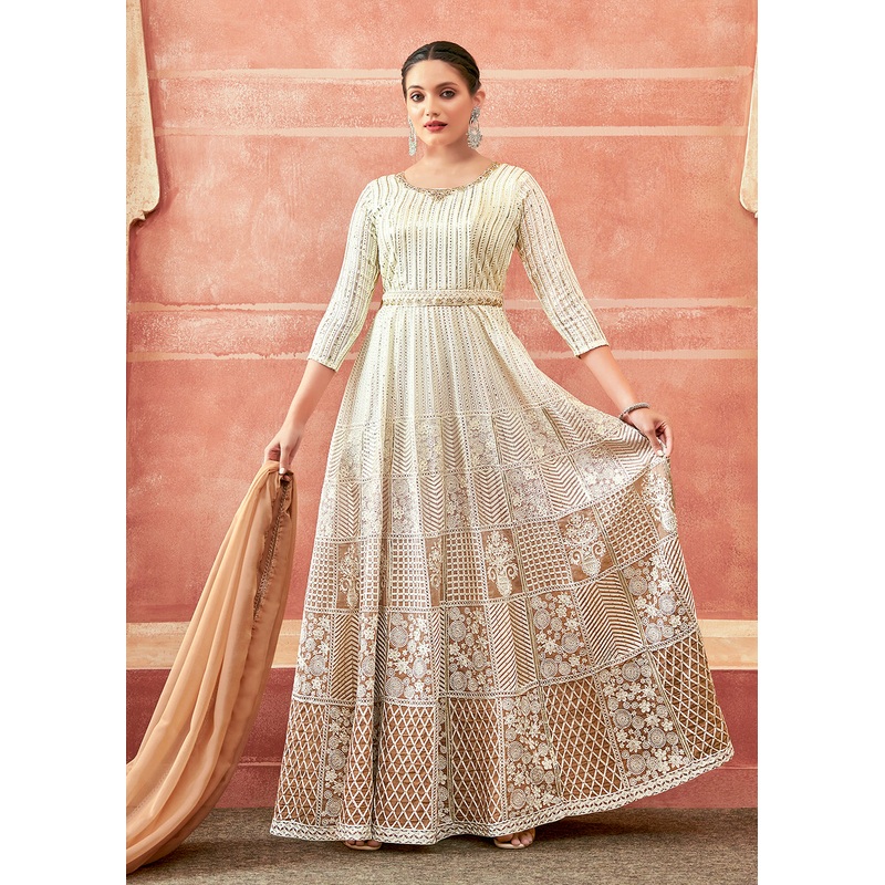 Off White & Rust Georgette Embroidered Festive Anarkali Suit