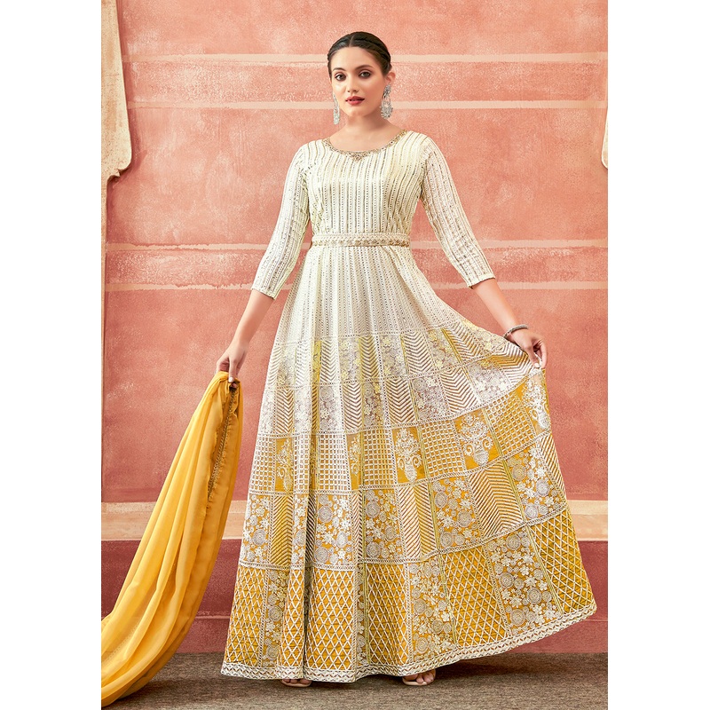 Off White & Yellow Georgette Embroidered Festive Anarkali Suit