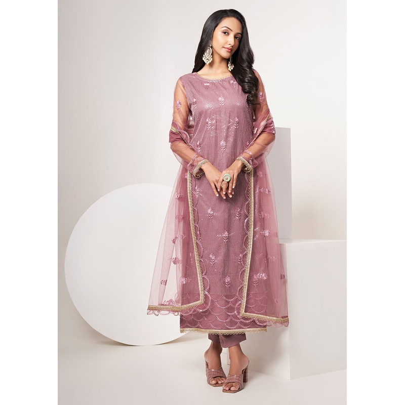 Onion Pink Net Embroidered Festive Salwar Suit