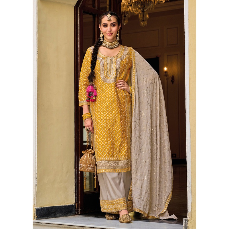 Palazzo Style Chinnon Mustard Embroidered Festive Suit