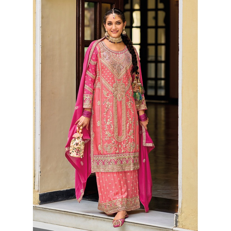 Palazzo Style Chinnon Pink Embroidered Festive Suit