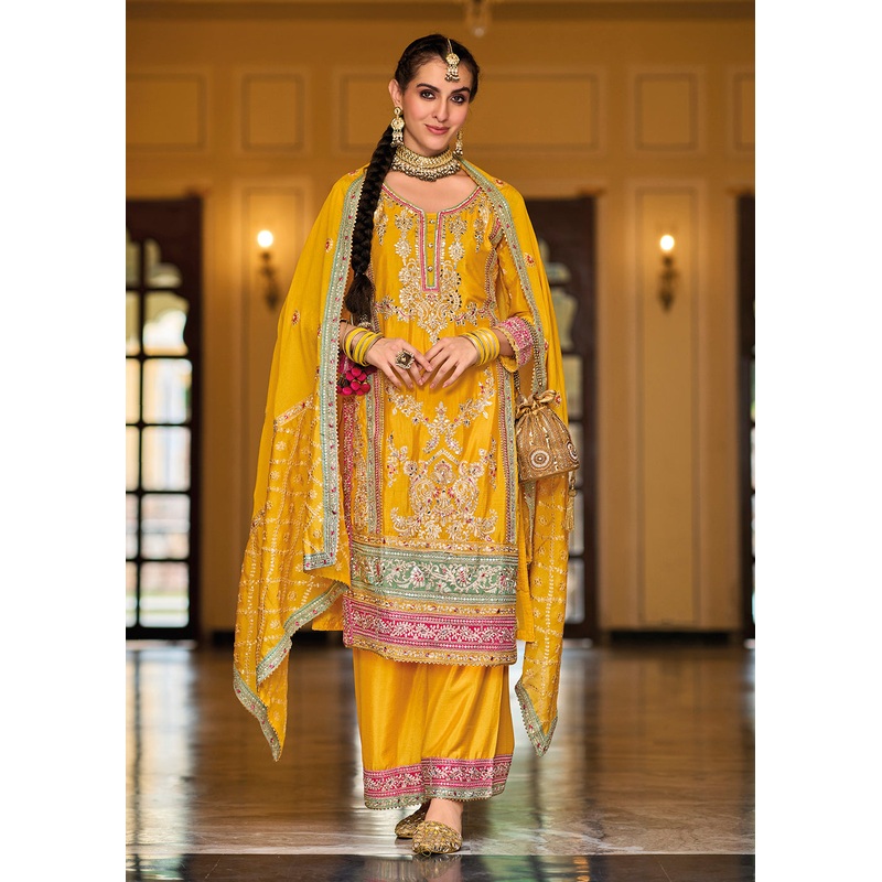Palazzo Style Chinnon Yellow Embroidered Festive Suit