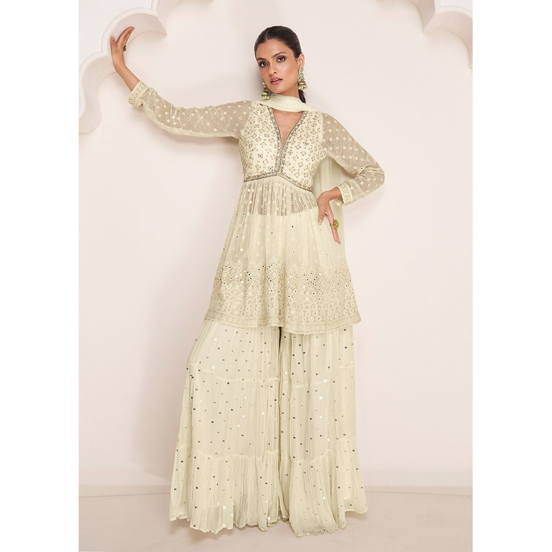Party Ivory Cream Embroidered Peplum Style Sharara Suit