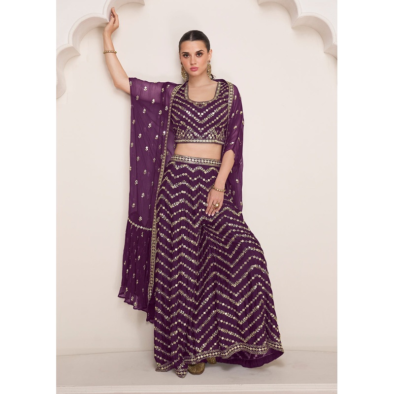 Party Plum Purple Embroidered Crop Top Style Sharara Suit