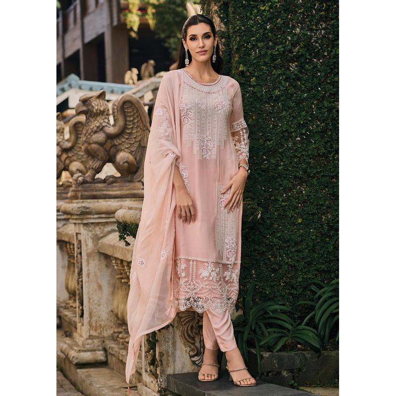 Peach Soft Organza Embroidered Designer Salwar Suit