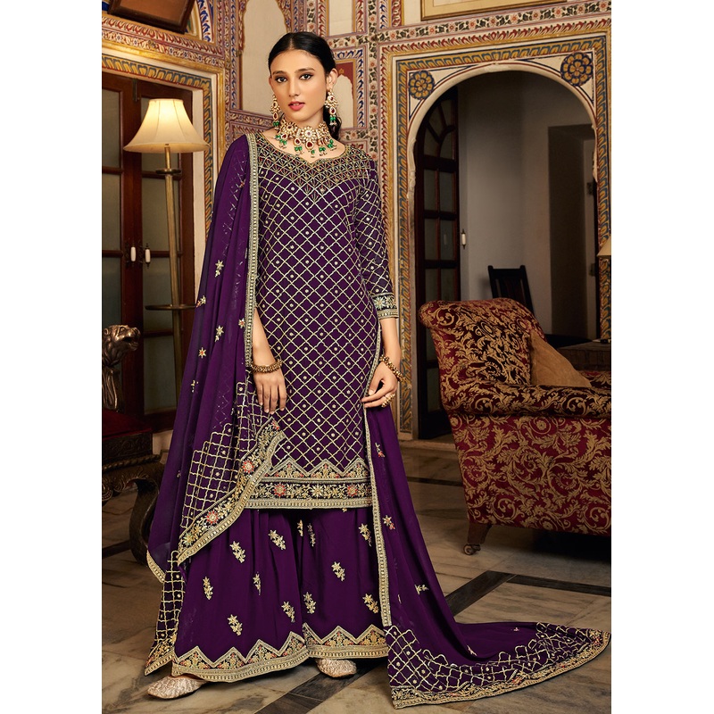 Plum Purple Embroidered Designer Festive Palazzo Suit