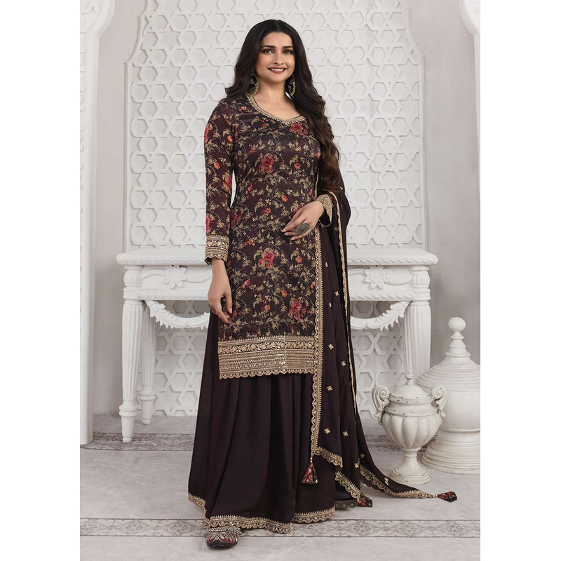 Prachi Desai Brown Silk Georgette Embroidered Sharara Suit