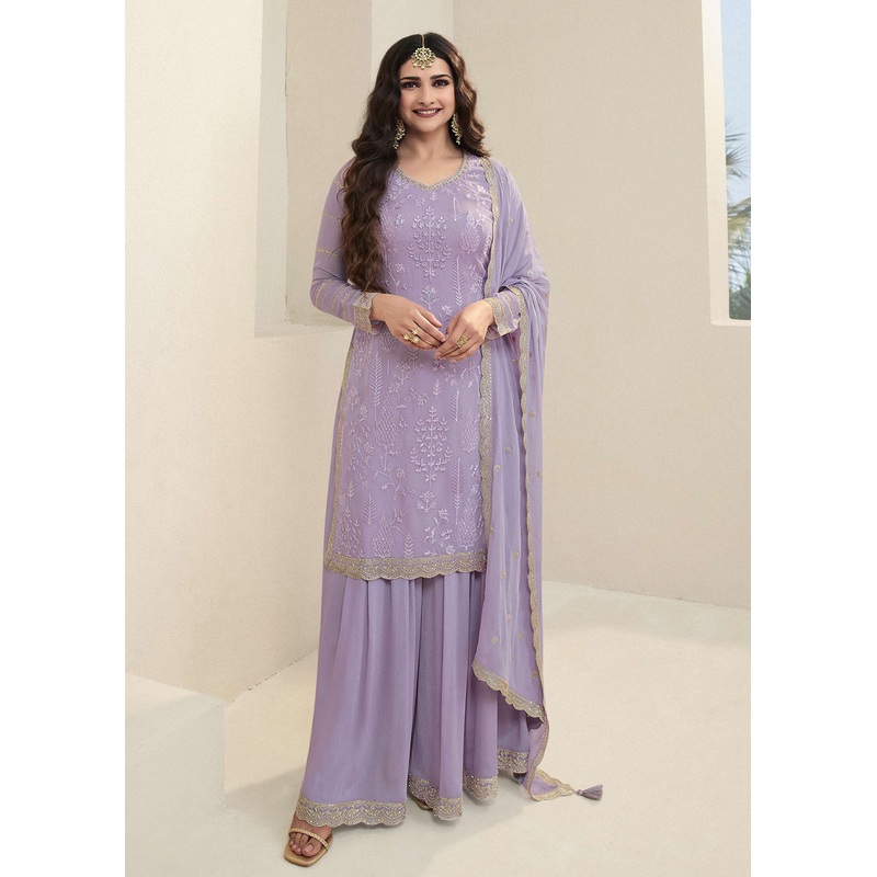 Prachi Desai Lavender Organza Embroidered Sharara Suit
