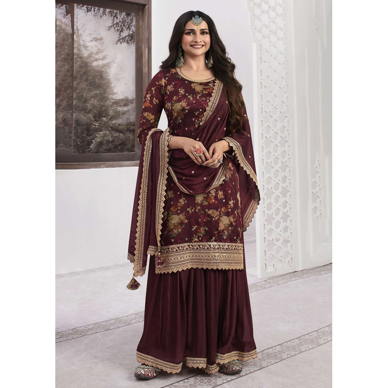 Prachi Desai Maroon Silk Georgette Embroidered Sharara Suit