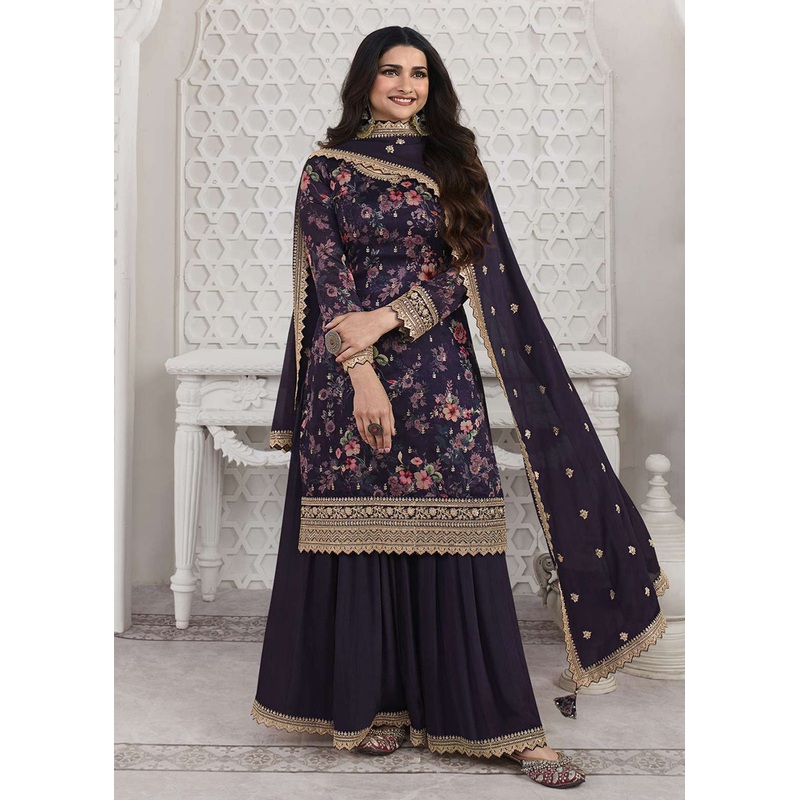 Prachi Desai Navy Blue Silk Georgette Embroidered Sharara Suit