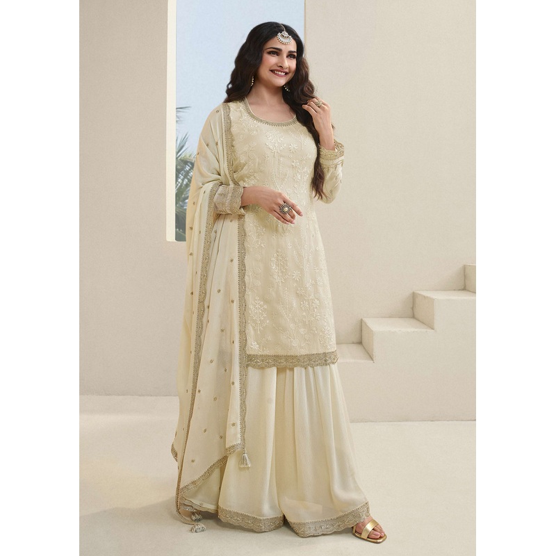 Prachi Desai Off White Organza Embroidered Sharara Suit
