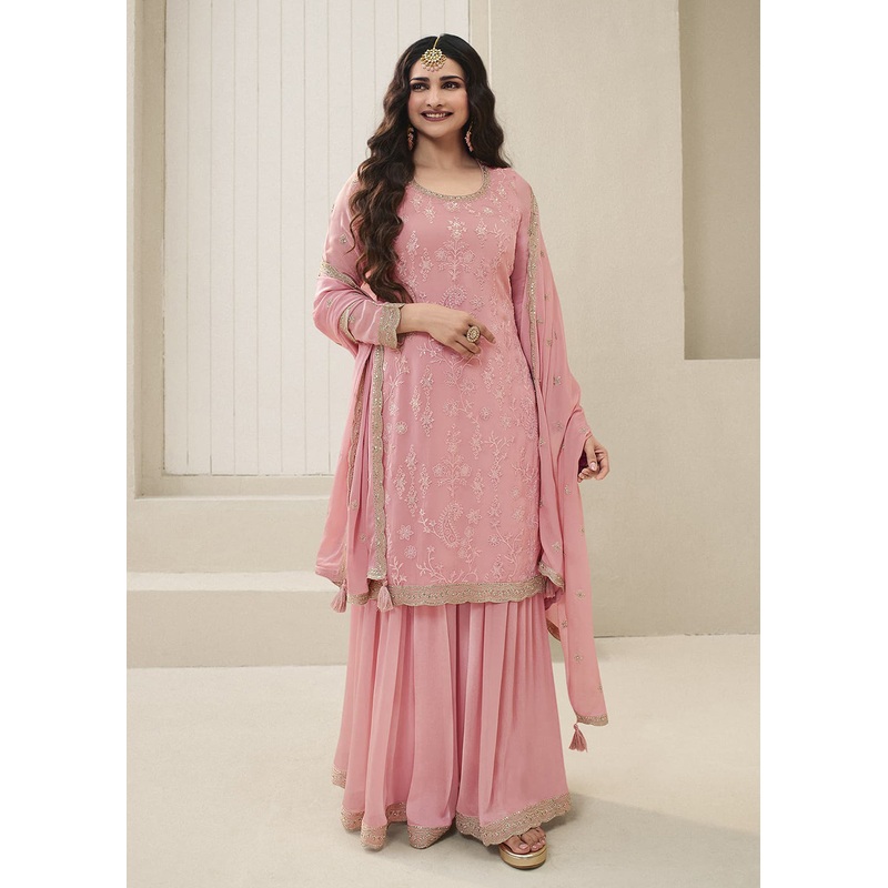 Prachi Desai Soft Pink Organza Embroidered Sharara Suit