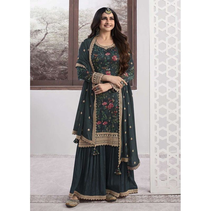Prachi Desai Teal Green Silk Georgette Embroidered Sharara Suit