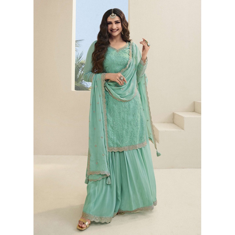 Prachi Desai Turquoise Organza Embroidered Sharara Suit