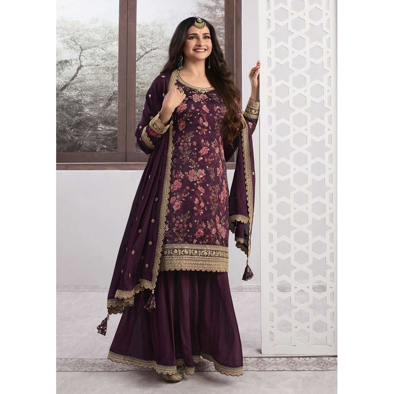 Prachi Desai Wine Silk Georgette Embroidered Sharara Suit