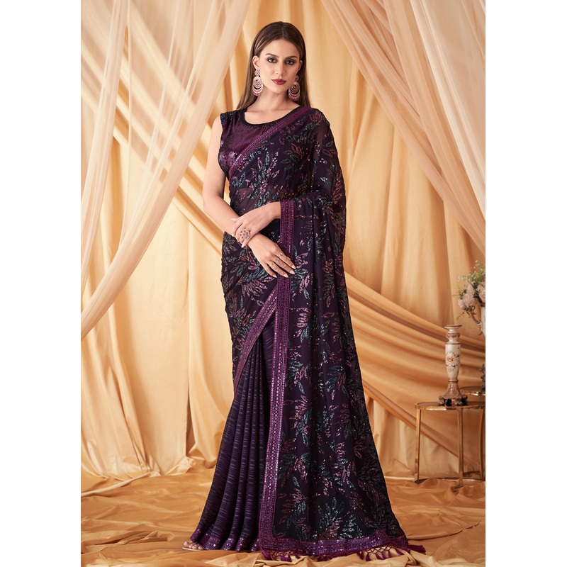 Purple Georgette Silk Embroidered Festive Party Saree