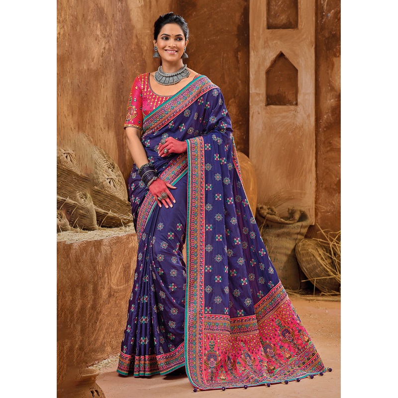 Purple Kachhi Work Embroidered Traditional Banarasi Saree