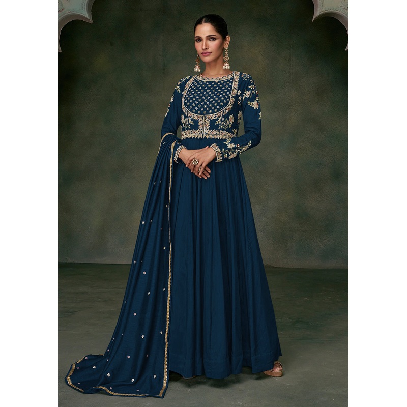 Sangeet Wear Blue Premium Silk Indian Anarkali Gown