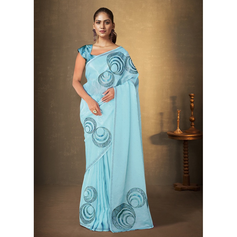 Sky Blue Organza Crepe Embroidered Designer Saree