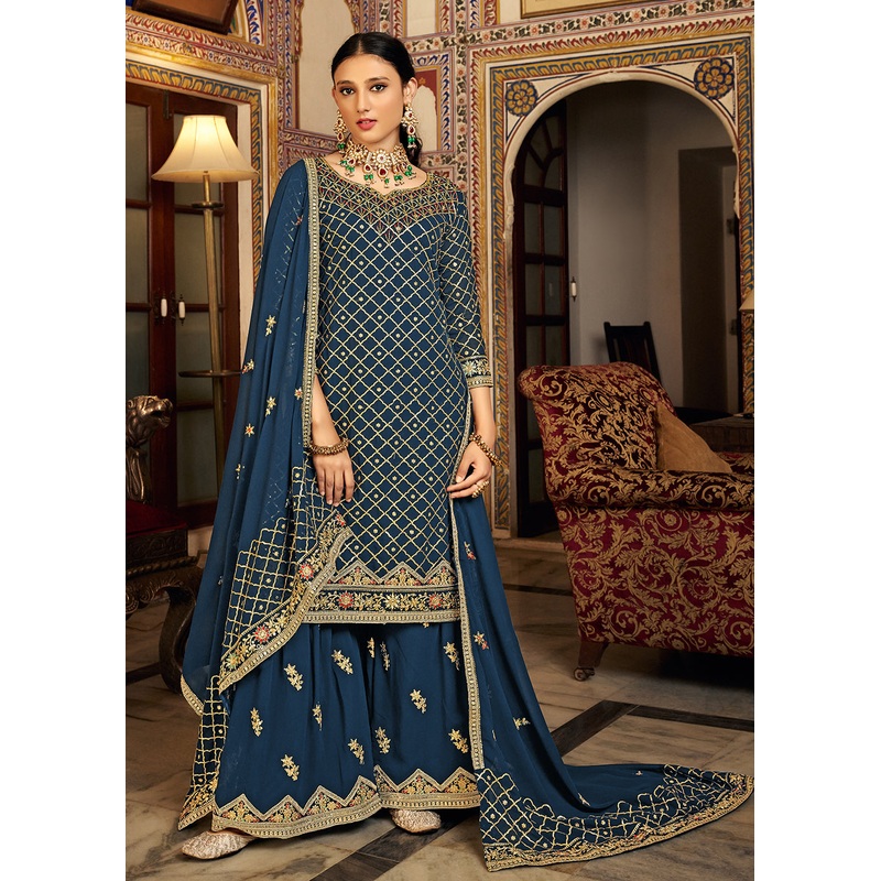 Teal Blue Embroidered Designer Festive Palazzo Suit