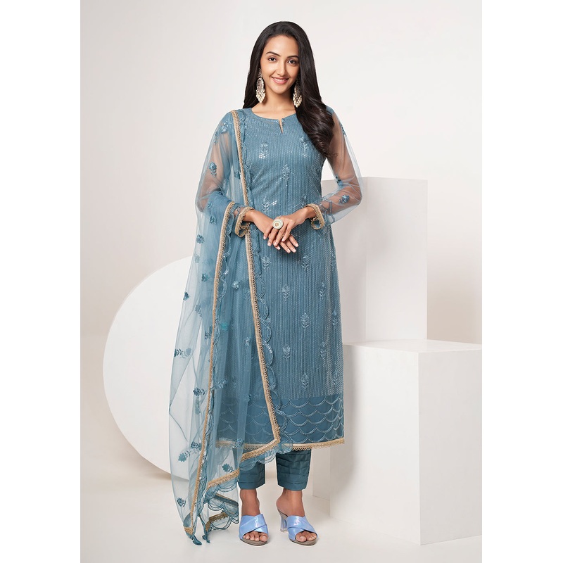 Turquoise Blue Net Embroidered Festive Salwar Suit