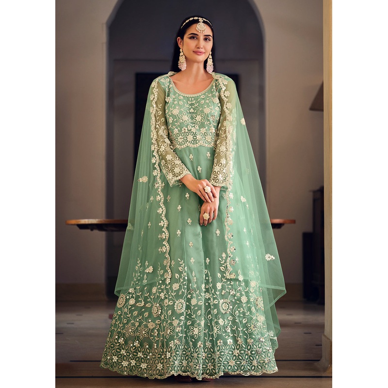 Wedding Wear Green Net Sequins Embroidered Anarkali Suit