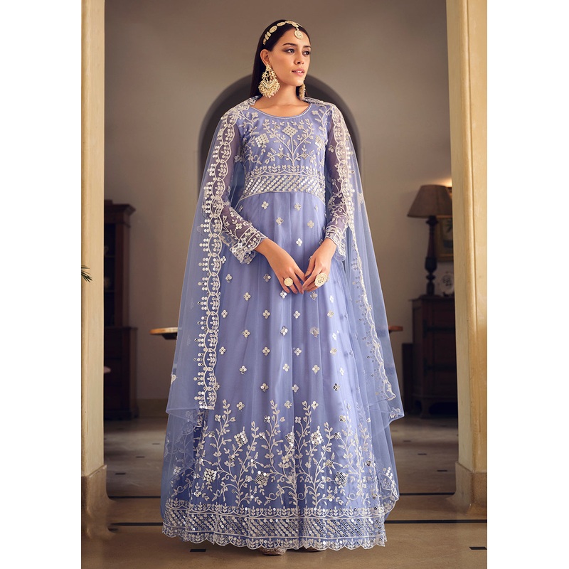Wedding Wear Lavender Net Sequins Embroidered Anarkali Suit